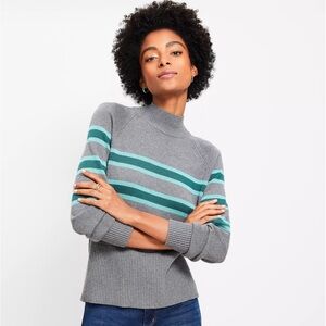LOFT Gray Striped Mock Neck Sweater | Teal & Green | Size M